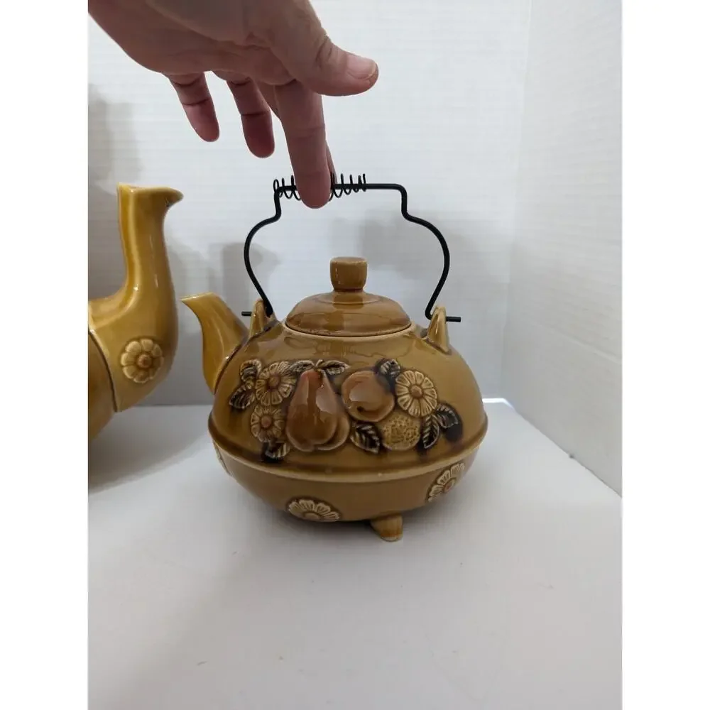 VINTAGE 1950s APCO JAPAN MCM LARGE AND SMALL TEAPOT Tan Ceramic